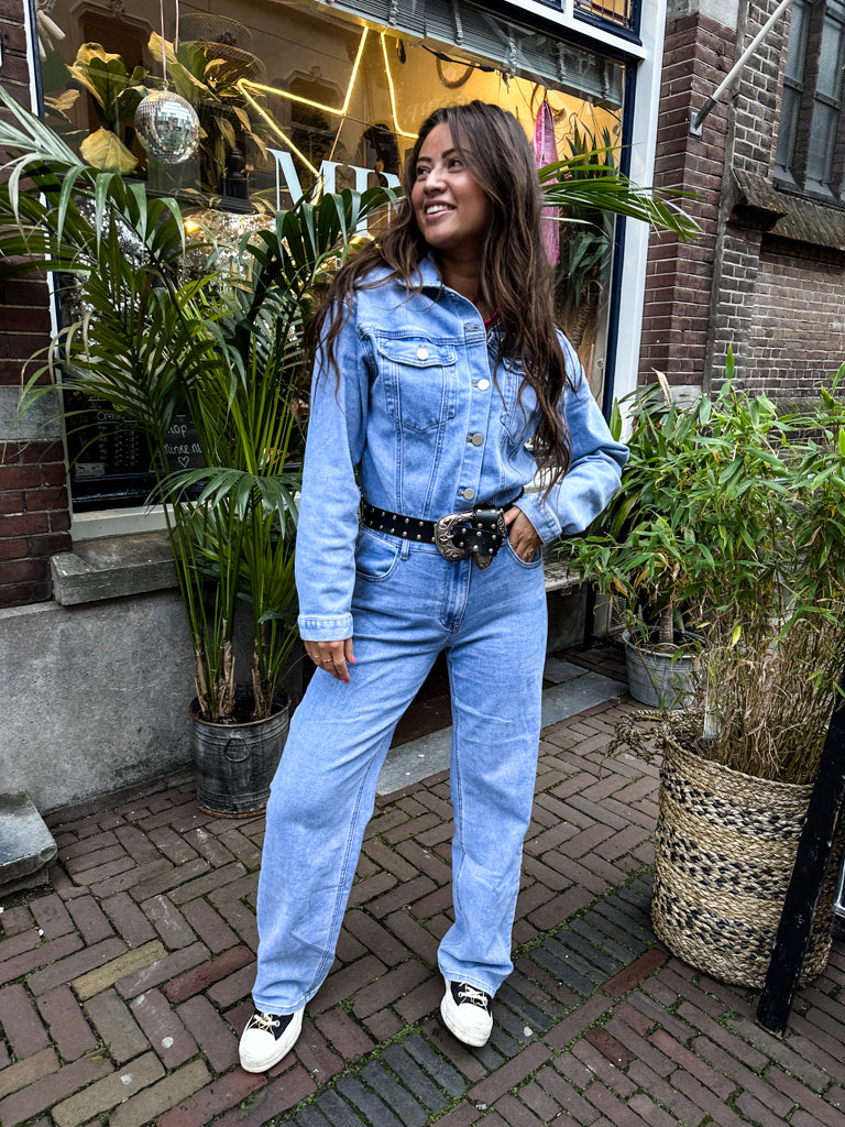 Denim jumpsuit outfit best sale