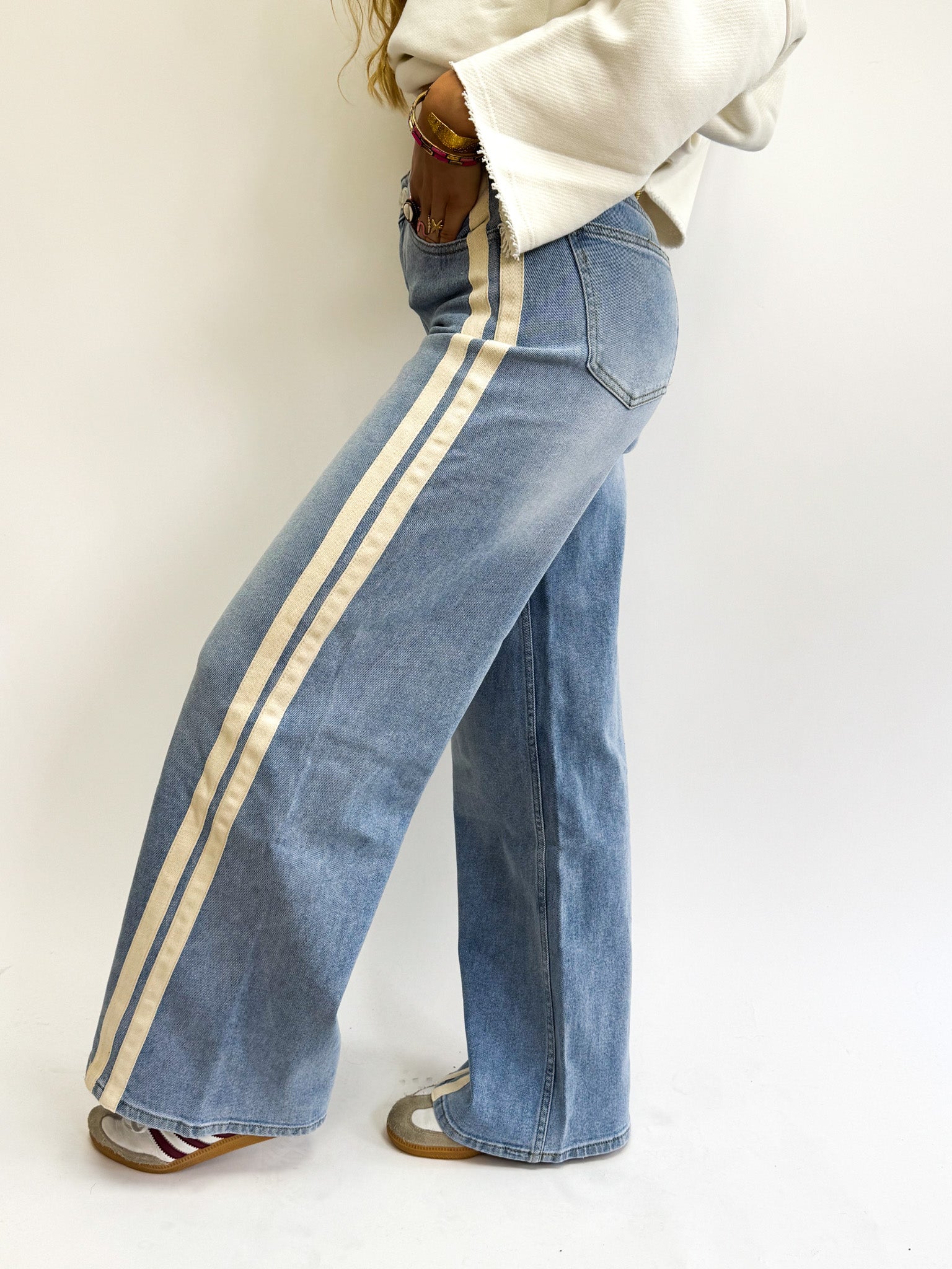 Wide Leg Jeans Side Band Blue