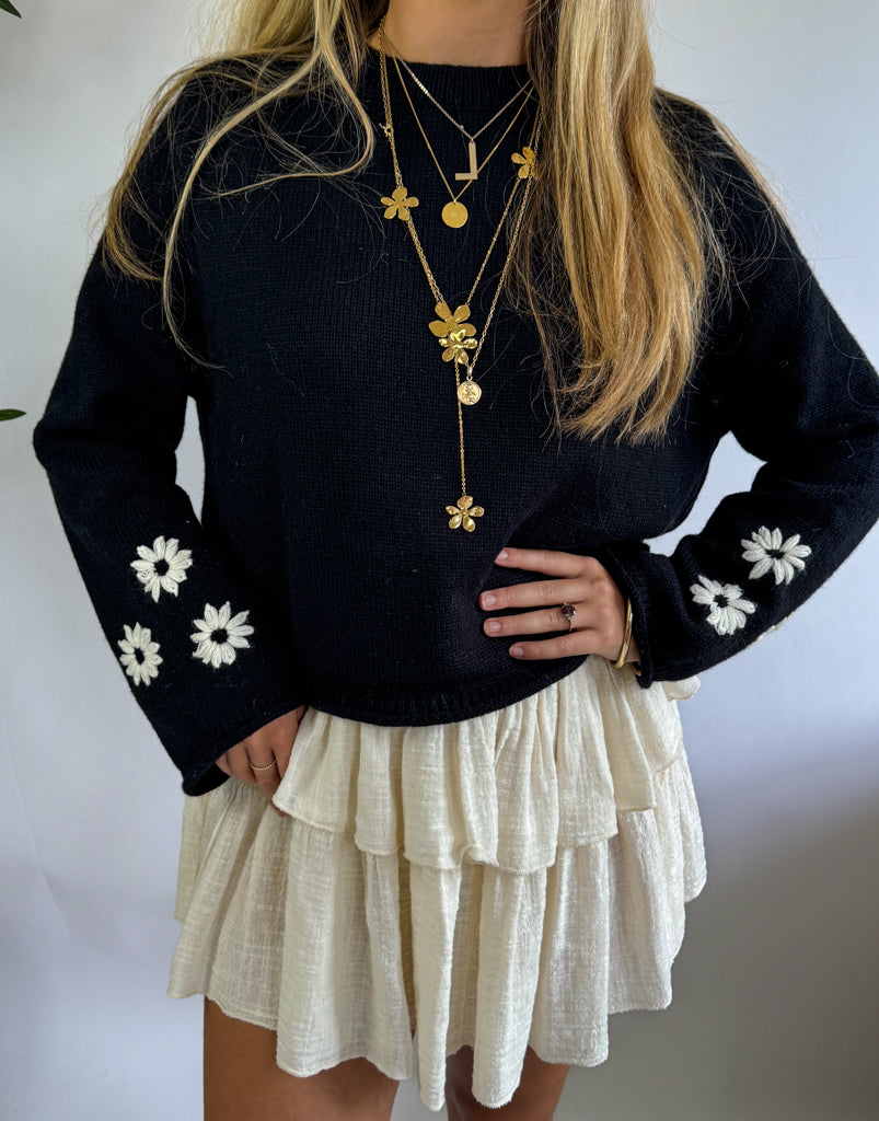 Flower Sleeve Knit Black