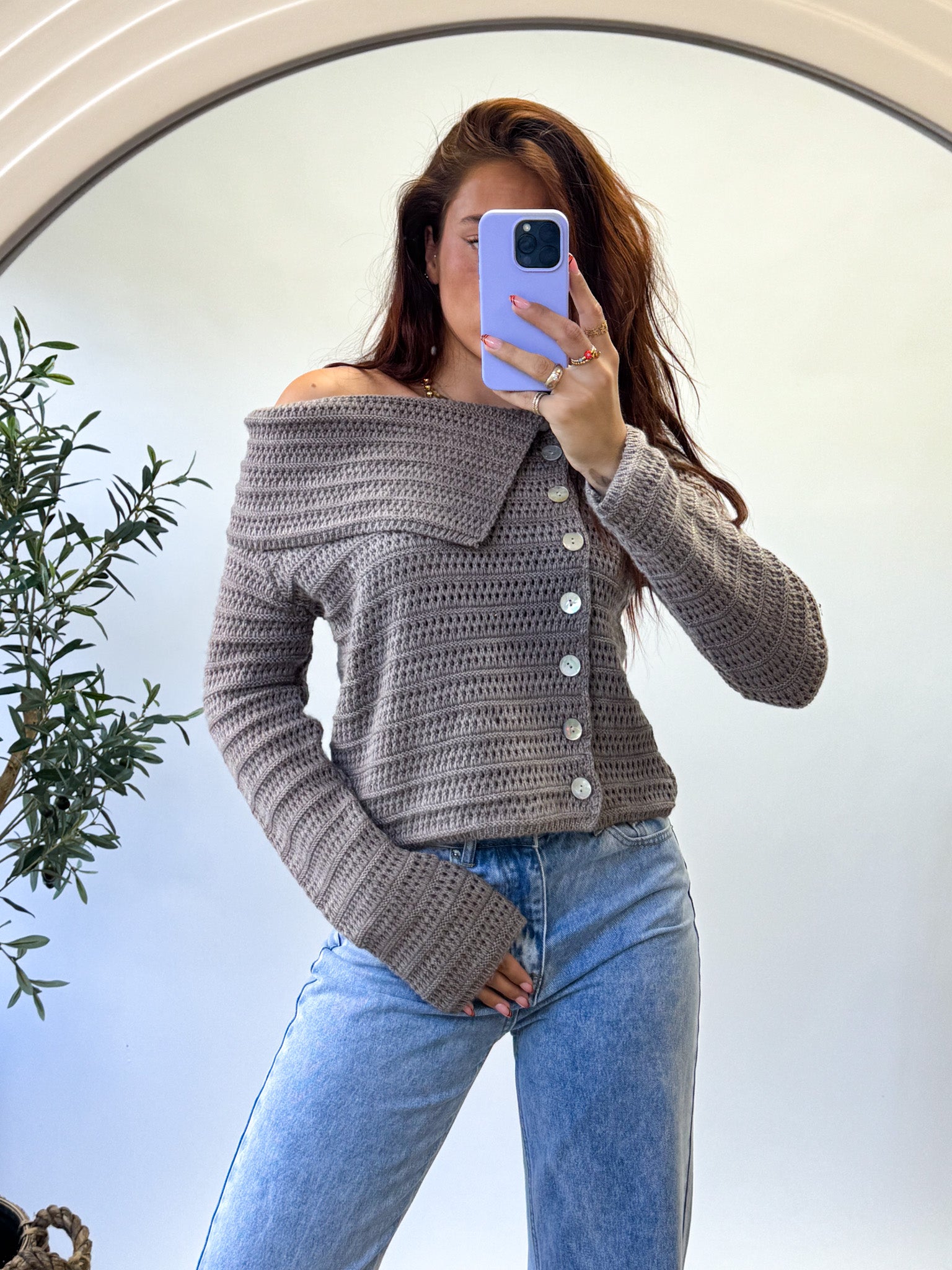 Leah Off Shoulder Knit Taupe