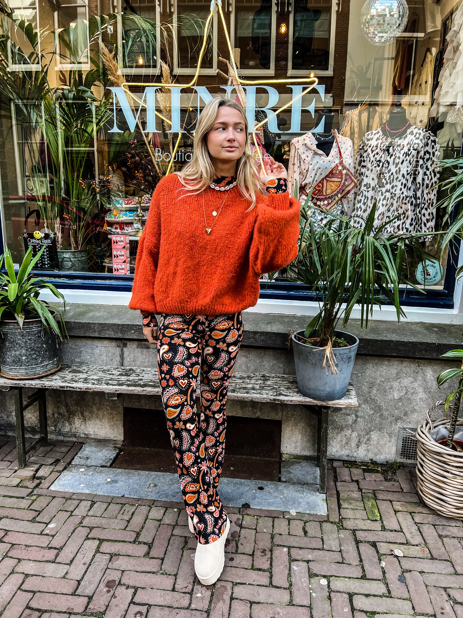 Elin Orange Black Flared Pants 