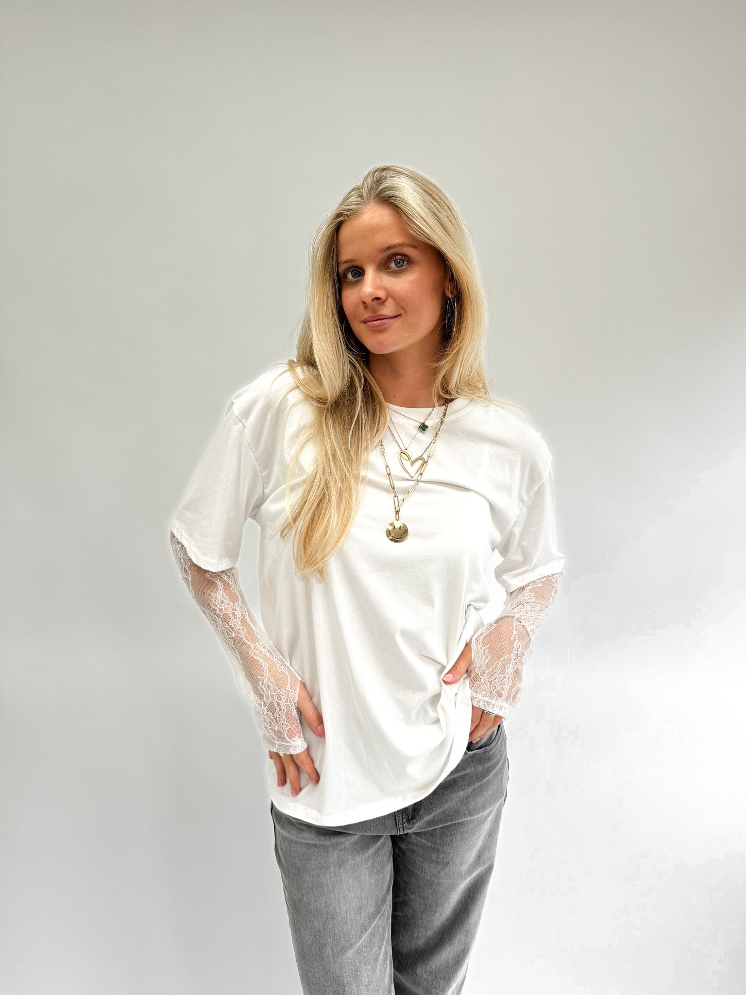 Basic T-Shirt Lace Sleeves White