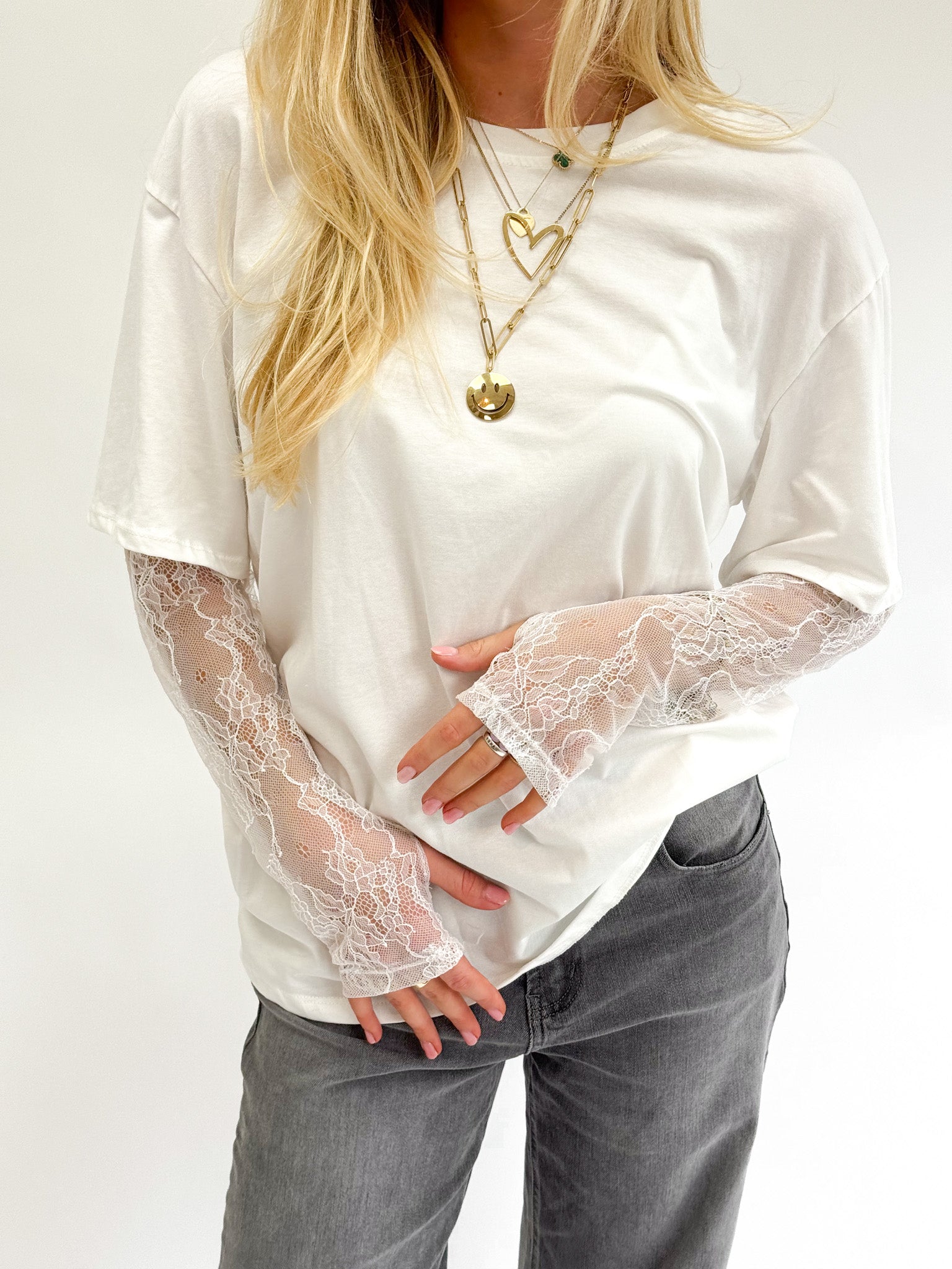 Basic T-Shirt Lace Sleeves White