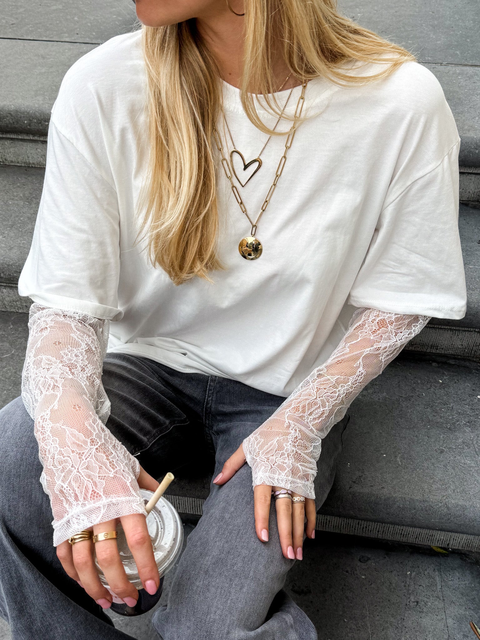 Basic T-Shirt Lace Sleeves White